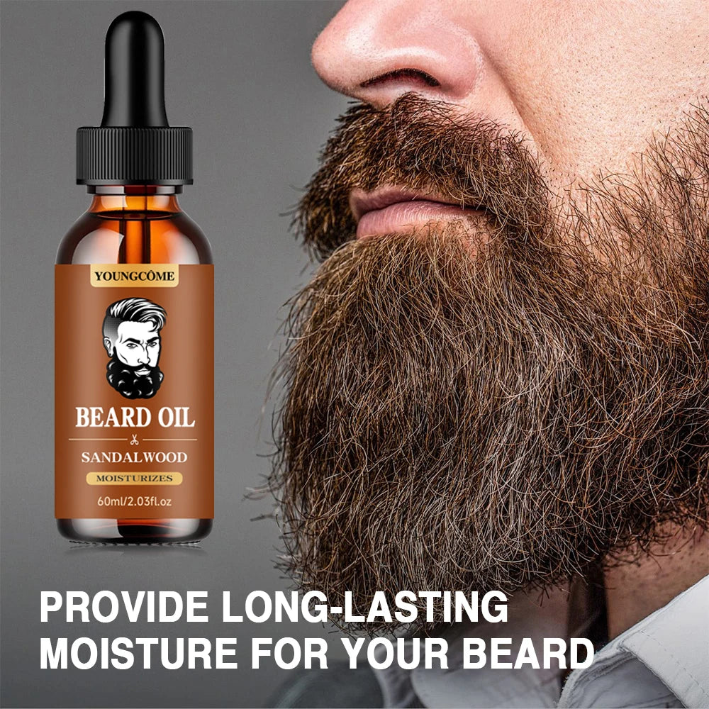 Organic Beard Growth Oil & Sandalwood Balm 1/2/4 Set-24H Nourishing, No Flakes, Men's Grooming Kit with Argan Oil & Vitamin E