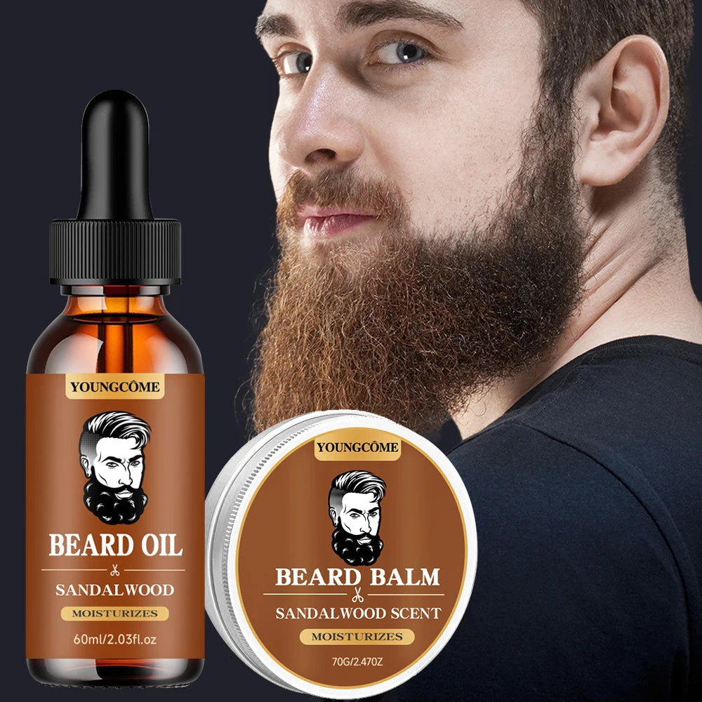 Organic Beard Growth Oil & Sandalwood Balm 1/2/4 Set-24H Nourishing, No Flakes, Men's Grooming Kit with Argan Oil & Vitamin E
