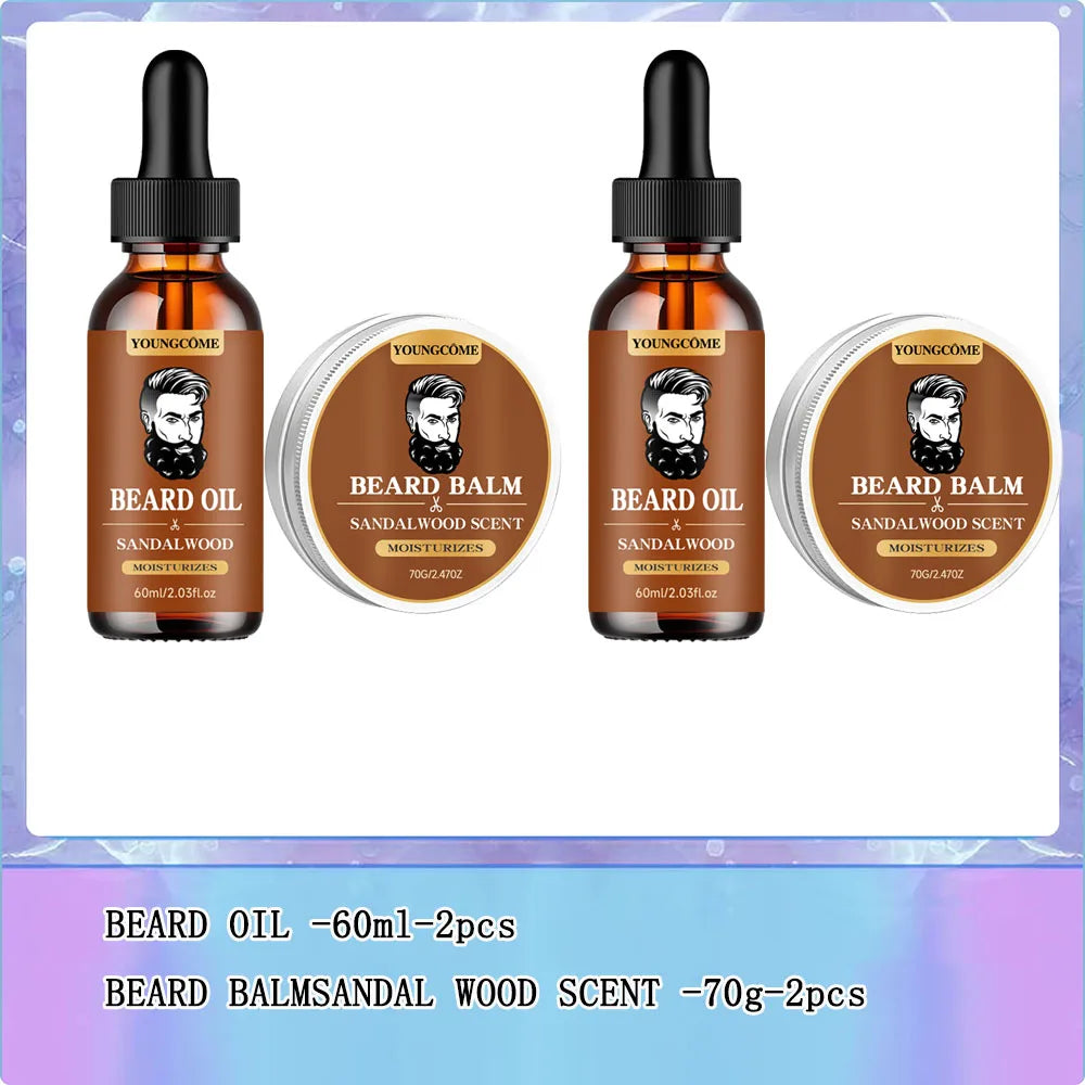Organic Beard Growth Oil & Sandalwood Balm 1/2/4 Set-24H Nourishing, No Flakes, Men's Grooming Kit with Argan Oil & Vitamin E