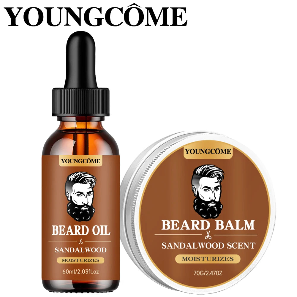 Organic Beard Growth Oil & Sandalwood Balm 1/2/4 Set-24H Nourishing, No Flakes, Men's Grooming Kit with Argan Oil & Vitamin E