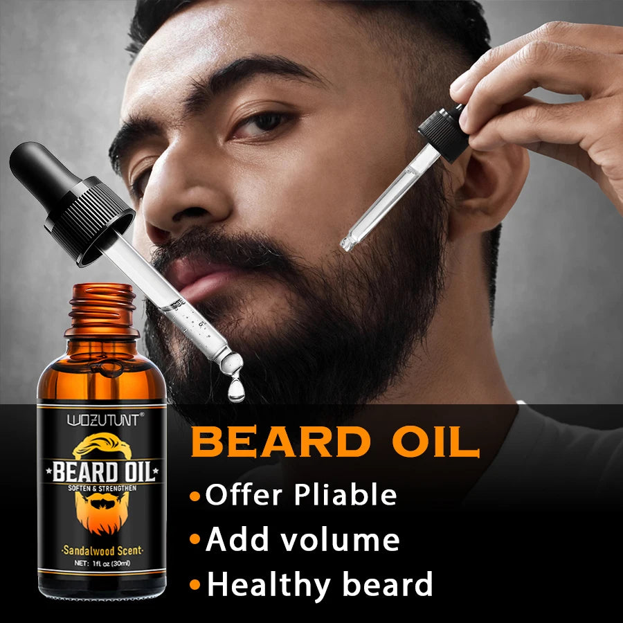 Beard Clean Moisturize Kit for Men Facial Hair Cleansing Shampoo Conditioner Grooming Spray Beard Oil Cream and Moustache Tools
