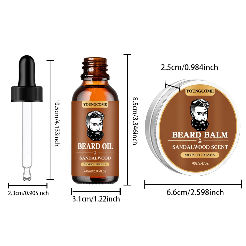 Organic Beard Growth Oil & Sandalwood Balm 1/2/4 Set-24H Nourishing, No Flakes, Men's Grooming Kit with Argan Oil & Vitamin E