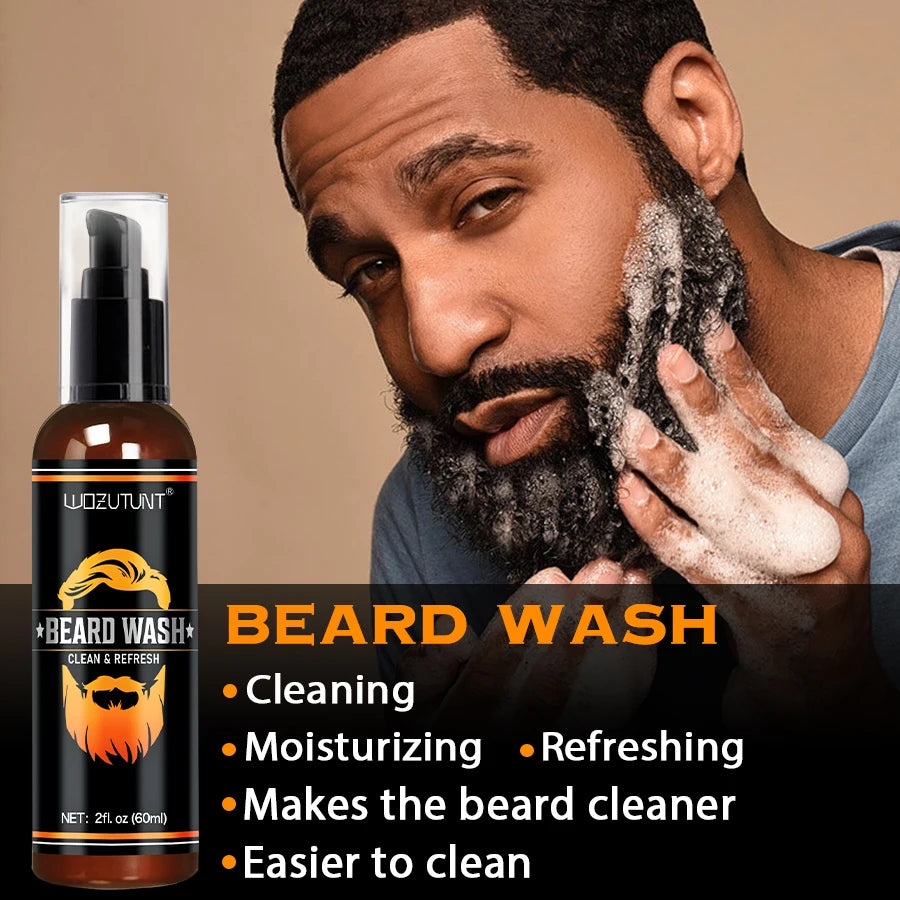 Beard Clean Moisturize Kit for Men Facial Hair Cleansing Shampoo Conditioner Grooming Spray Beard Oil Cream and Moustache Tools