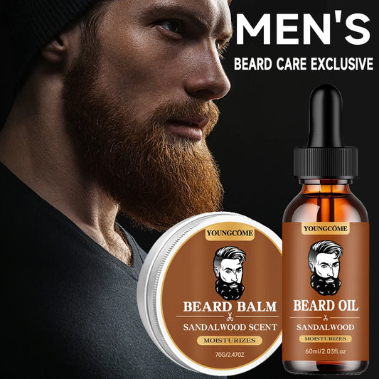Organic Beard Growth Oil & Sandalwood Balm 1/2/4 Set-24H Nourishing, No Flakes, Men's Grooming Kit with Argan Oil & Vitamin E