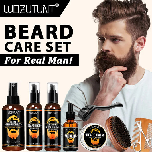 Beard Clean Moisturize Kit for Men Facial Hair Cleansing Shampoo Conditioner Grooming Spray Beard Oil Cream and Moustache Tools